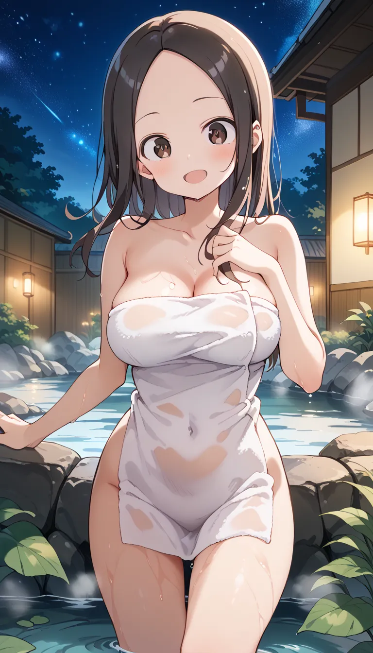 NSFW ((Takagi)),best quality, masterpiece, Alone,  female 1 person、Age 25、(Soft Bust:1.2)、( Natural Big Breasts)、(Chest)、( Slender Body Shape )、( NAKED TOWEL)、 hide your chest with a bath towel、accentuate your chest、 thighs、(Viewer:1.2)、(oblique view from ...