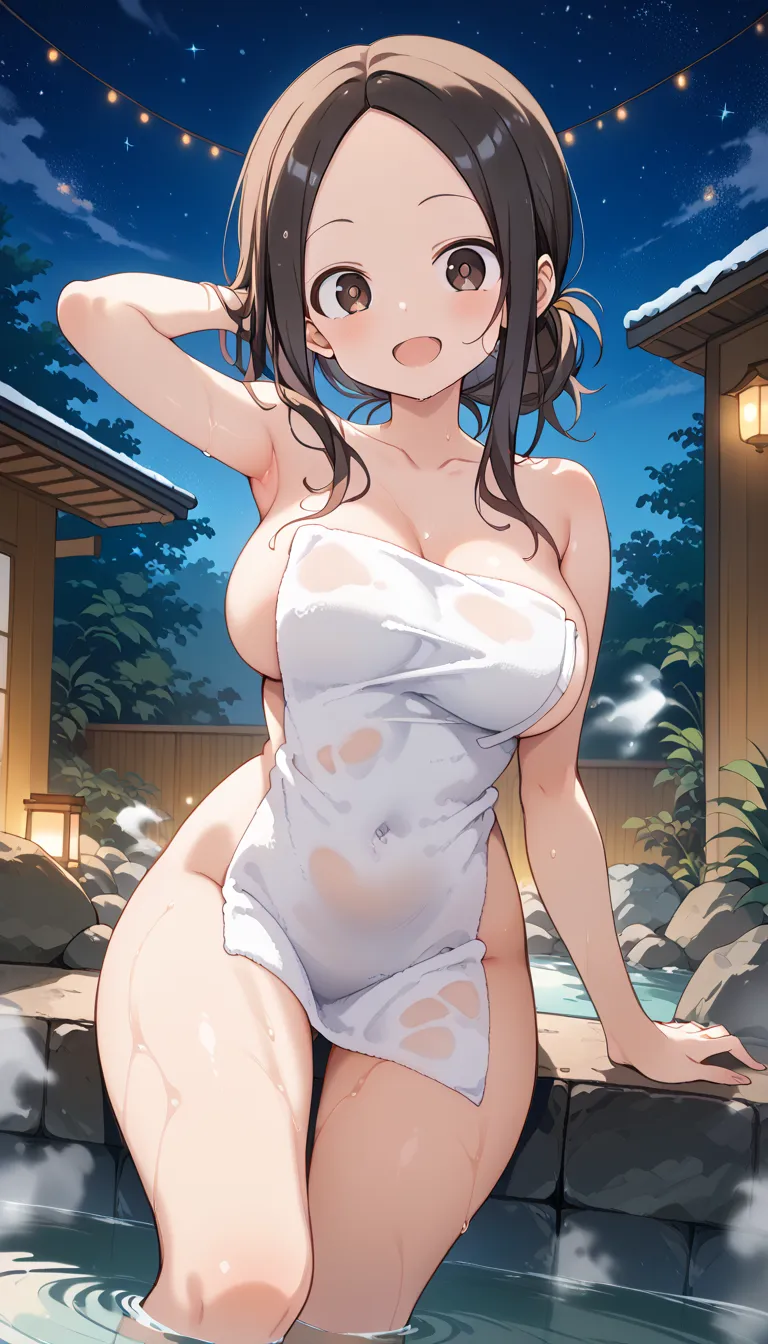 NSFW ((Takagi)),best quality, masterpiece, Alone,  female 1 person、Age 25、(Soft Bust:1.2)、( Natural Big Breasts)、(Chest)、( Slender Body Shape )、( NAKED TOWEL)、 hide your chest with a bath towel、accentuate your chest、 thighs、(Viewer:1.2)、(oblique view from ...