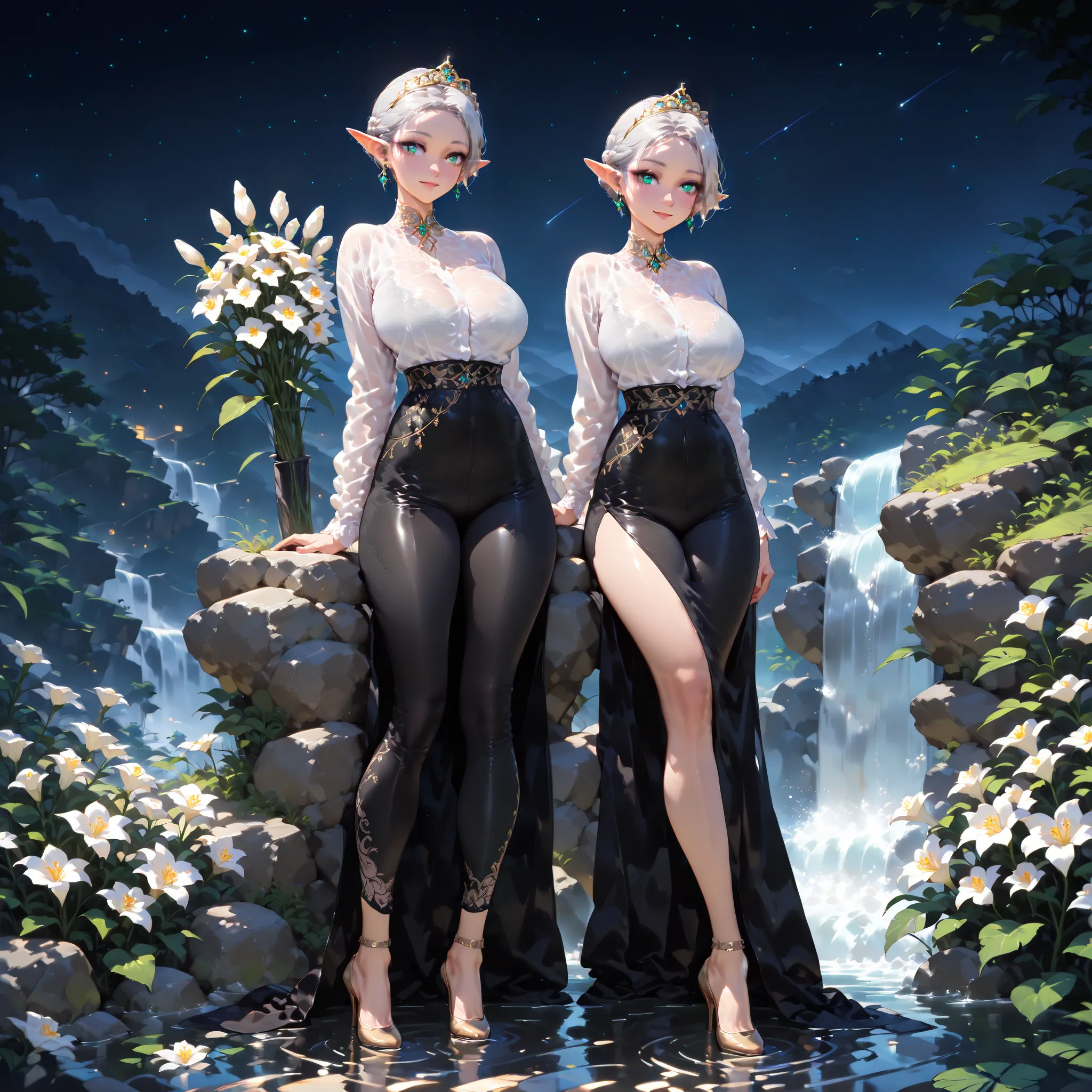 very short hair,high resolution,  breasts, full body,jewelry,  earrings,  elf ears,  Precise, Anatomically correct, tall details, Model HD, silver hair ,big breasts, sexy, detailed elegant white shirt,  black fabric pants ,light smile, bright pupils, tiara...