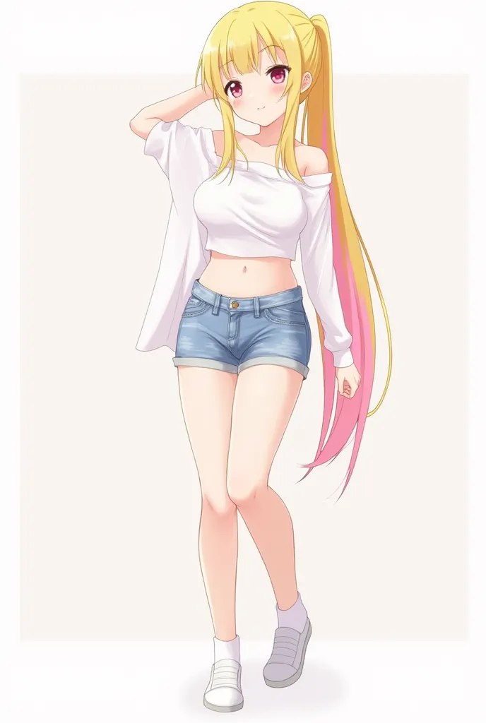  Oc female character anime vtuber, long hair pony tail, hair color of the upper part yellow and the lower part pink, pink eyes, wear a white off-the-shoulder crop top,  wear short jeans, wear white shoes and socks.