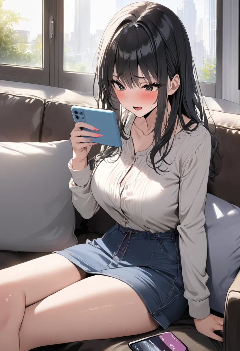 (( top quality)), (( masterpiece  )), ( details), ( 1 Anime Girl ),   sexy, (   black hair), Bust 9 ０CM big breasted married woman whose body trembles with pleasure ,   young woman, Dissatisfied expression sitting on the sofa and playing with a smartphone ...