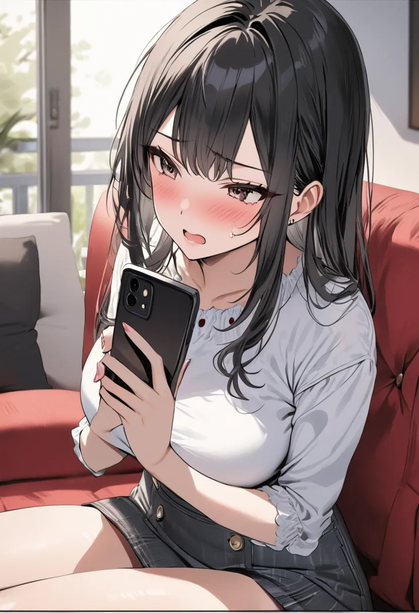 (( top quality)), (( masterpiece  )), ( details), ( 1 Anime Girl ),   sexy, (   black hair), Bust 9 ０CM big breasted married woman whose body trembles with pleasure ,   young woman, Dissatisfied expression sitting on the sofa and playing with a smartphone ...