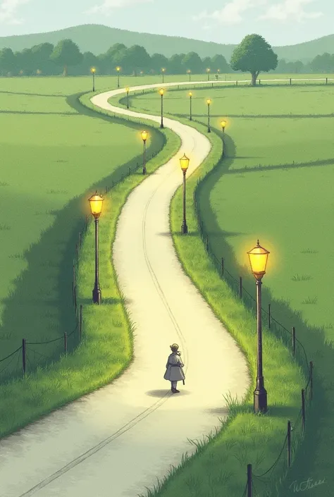 Create me a drawing that has a road in the middle of some lamp posts and on the left grass a drawing of a 