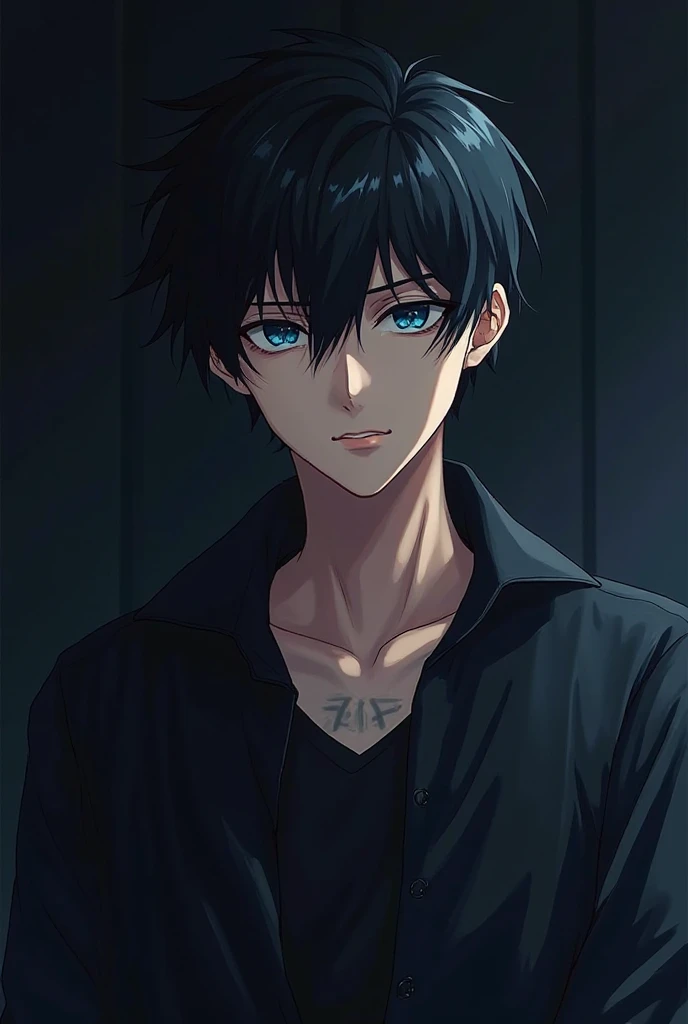 Make an anime-style guy. Character avatar. He has dark hair and blue eyes, He is tall. He's wearing a black shirt. Dark background behind. Show his cold look. 