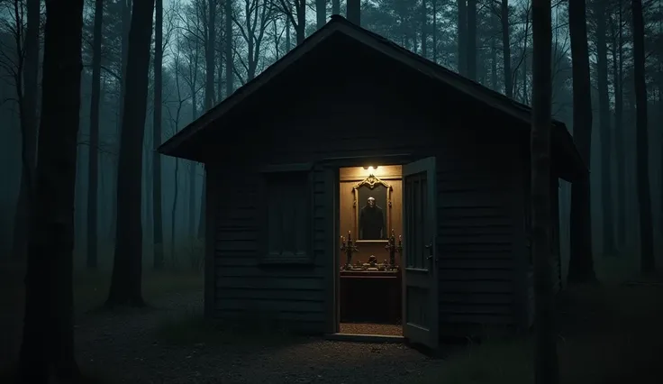 "An abandoned cabin in the middle of a dark forest. The door is ajar, and inside, an altar with black candles and a mirror covered with a cloth. Through the window, a figure with animal-like features watches. Cinematic style, 16:9, dim lighting, dark tones...