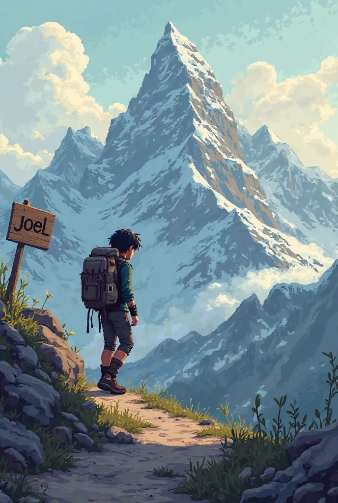 Dark-haired dark-haired character climbing a mountain written by Joel on the sign with backpack on his back in pixel art