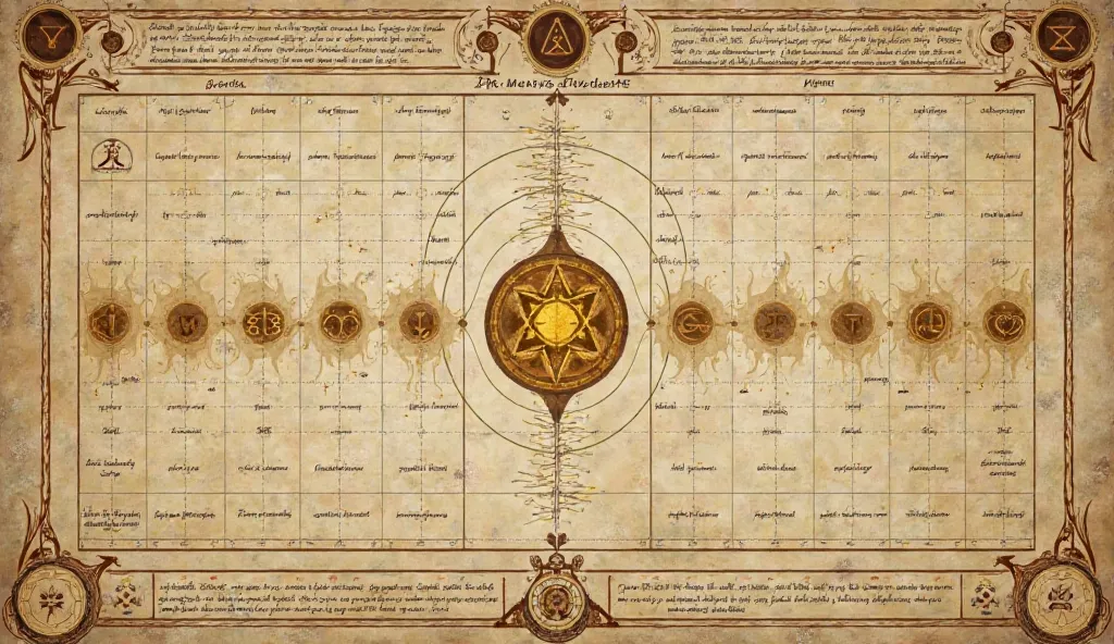 4. Mantra Frequency Chart  
A flat, symmetrical grid of Sanskrit mantras paired with geometric shapes (Om = circle, Ram = triangle). Golden soundwaves ripple from each symbol, and handwritten notes in an ancient script describe "vibrational keys." The desi...