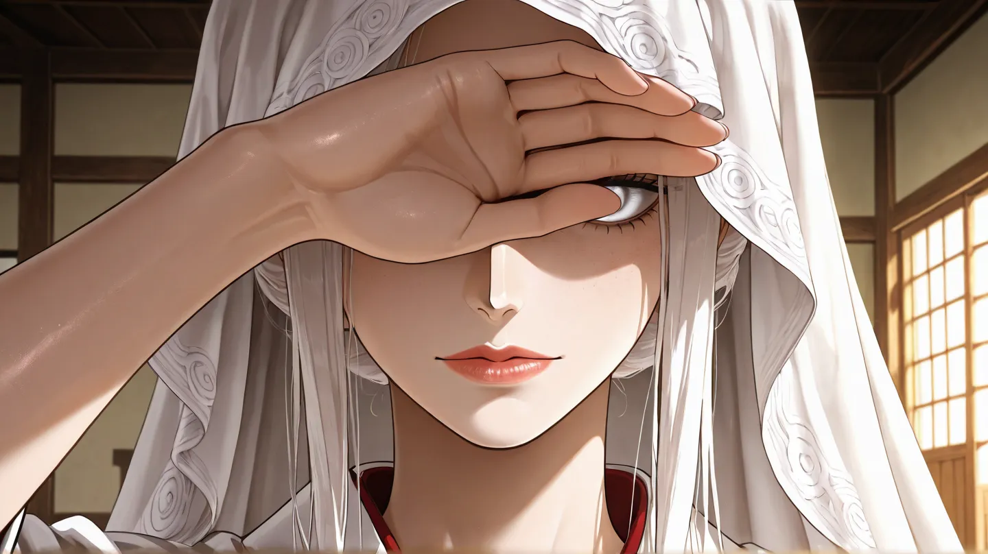 Woman, thin and delicate body, fair skin, medium white hair, white veil covering eyes, blind white eye, white kimono, delicate face, thin nose, fair lips, Japanese dojo background, "anime art, One Piece style, anime lines, anime features, perfect contrast,...