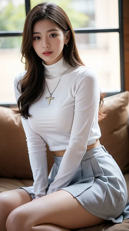 "Beautiful young woman, long flowing hair, form-fitting white turtleneck see through shirt, silver cross necklace resting between chest, soft fabric clinging to curves, super mini pleated skirt paired with knee high-cut boots, confident yet gentle expressi...