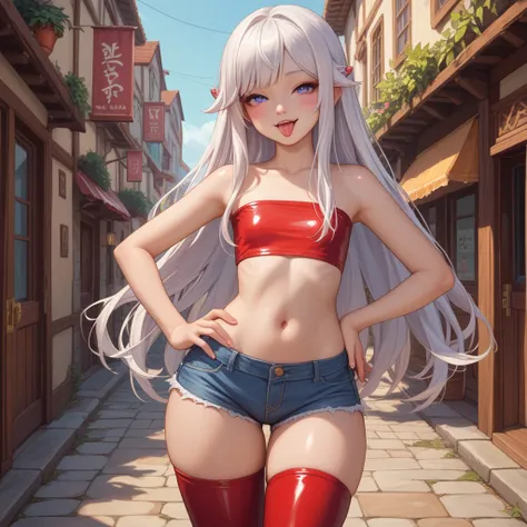 score_9,score_8_up,score_7_up,score_6_up, tera elin, young girl, cute face, kawaii face, young face, 1girl,solo,looking at viewer, long hair, white hair, tube top, short shorts, thigh highs, shiny clothes, cowboy shot, hand on hip, skin indentation,thick t...