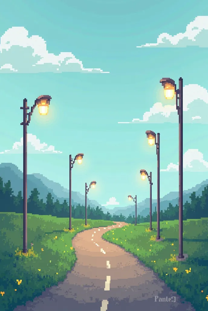 Create me a drawing that has a road in the middle of some light poles and on the left grass in pixels