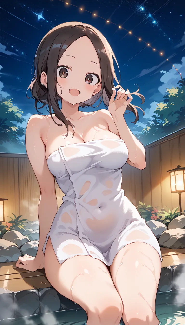 NSFW ((Takagi)),best quality, masterpiece, Alone,  female 1 person、、(Soft Bust:1.2)、(SMALLE BREASTS)、(Chest)、( Slender Body Shape )、( NAKED TOWEL)、 hide your chest with a bath towel、、 thighs、(Viewer:1.2)、(oblique view from the front )、(Warm up in the hot s...