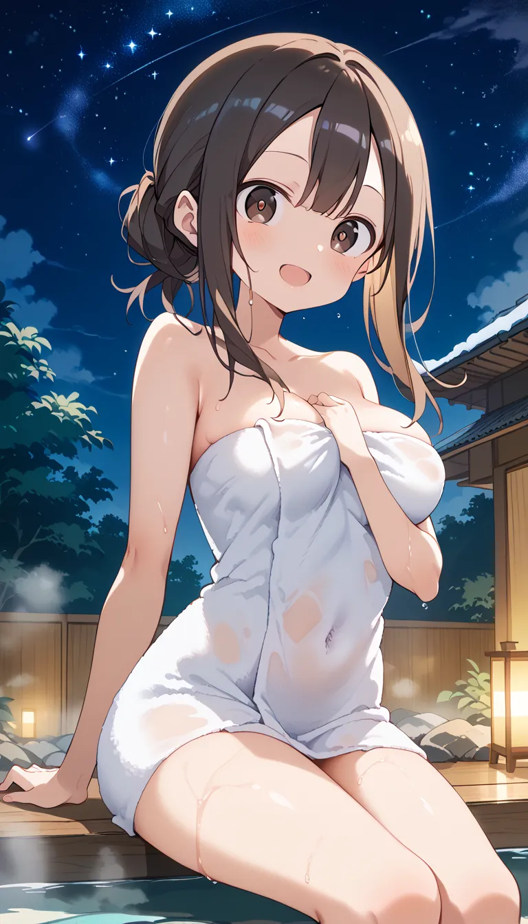 NSFW ((Takagi)),best quality, masterpiece, Alone,  female 1 person、、(Soft Bust:1.2)、(SMALLE BREASTS)、(Chest)、( Slender Body Shape )、( NAKED TOWEL)、 hide your chest with a bath towel、、 thighs、(Viewer:1.2)、(oblique view from the front )、(Warm up in the hot s...