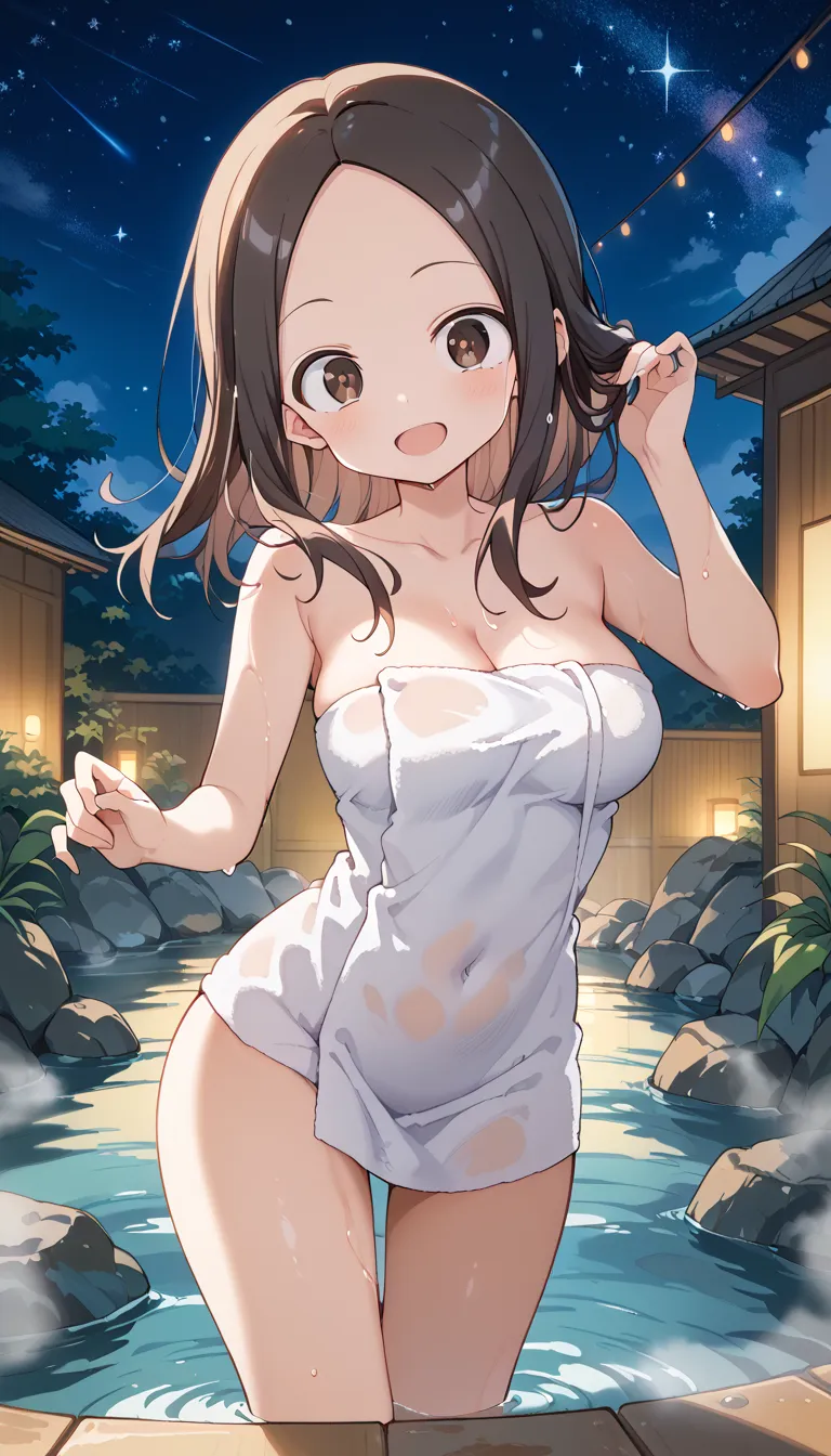 NSFW ((Takagi)),best quality, masterpiece, Alone,  female 1 person、、(Soft Bust:1.2)、(SMALLE BREASTS)、(Chest)、( Slender Body Shape )、( NAKED TOWEL)、 hide your chest with a bath towel、、 thighs、(Viewer:1.2)、(oblique view from the front )、(Warm up in the hot s...