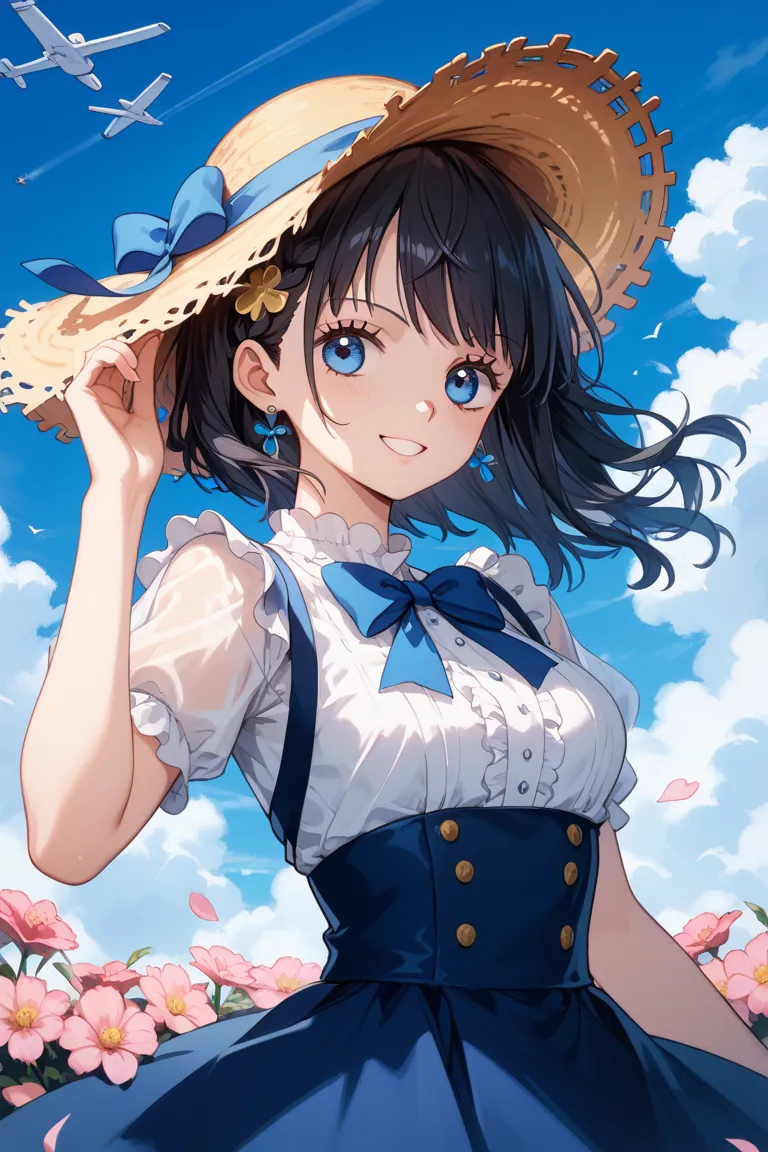 Character Details

Gender: Female
Age:  young（ ～in their early 20s）
Hairstyle:  black hair、side braid
Hair Ornaments:  small hair ornament（ribbons, flowers, etc.）
eye: big blue eyes
Expression:  Soft Smile、Gentle Atmosphere
Outfit details

One Piece: light...