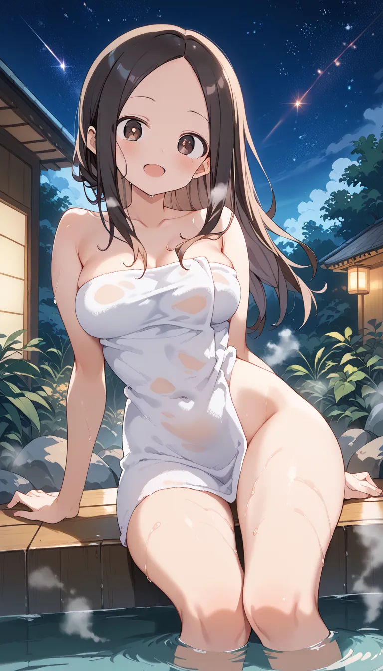 NSFW ((Takagi)),best quality, masterpiece, Alone,  female 1 person、、(Soft Bust:1.2)、(SMALLE BREASTS)、(Chest)、( Slender Body Shape )、( NAKED TOWEL)、 Naked Towel 、、 thighs、(Viewer:1.2)、(oblique view from the front )、(Warm up in the hot springs)、(White highli...