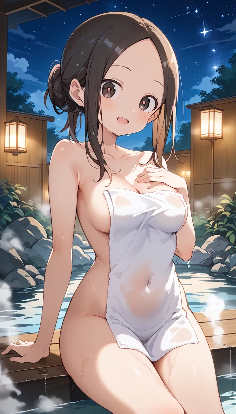 NSFW ((Takagi)),best quality, masterpiece, Alone,  female 1 person、、(Soft Bust:1.2)、(SMALLE BREASTS)、(Chest)、( Slender Body Shape )、( NAKED TOWEL)、 Naked Towel 、、 thighs、(Viewer:1.2)、(oblique view from the front )、(Warm up in the hot springs)、(White highli...