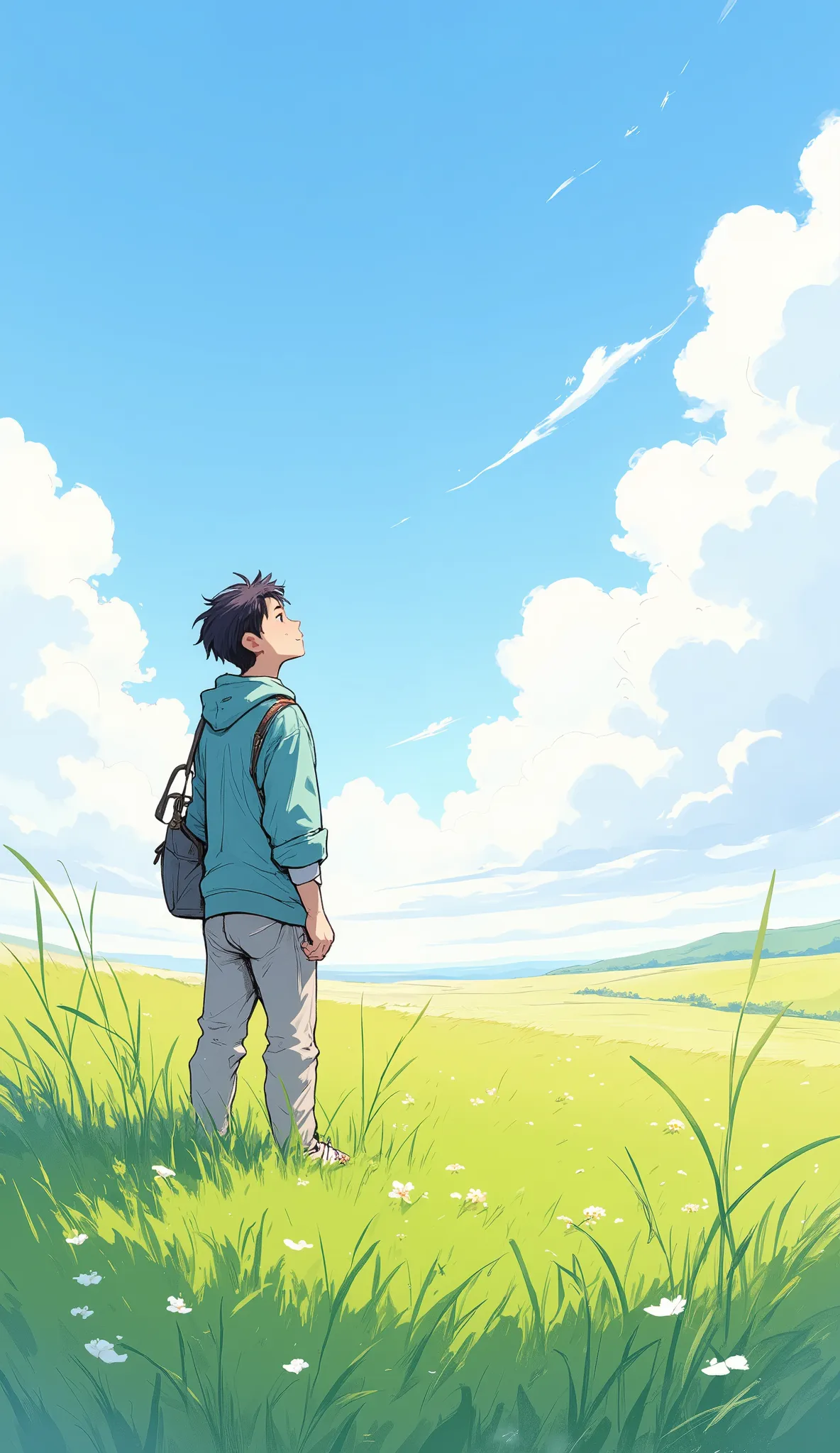 (masterpiece:1.2, high quality ,Mirror Finish  ,  MOVIE EXPERIENCE  ,  best illustrations :2.0, Extremely Detailed ),8k,16k, illustration,vector art,Japan,( is a prairie in the background),A young man is standing looking up at the sky,casual clothes,(1 mal...