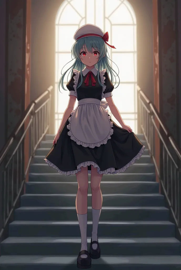 Anime girl in dress and hat walking down stairs, Lolita in a skirt, Lolish,  anime girl in a black dress , Oriental characters,  anime girl in a maid costume ,  cute anime waifu in beautiful clothes , , Kagami bell, From, anime maid Nazi SS army, Marisa Mi...