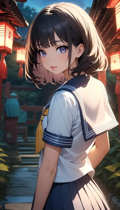  black hair、Beautiful Girl in a Sailor Suit、rear view、buttocks、raise buttocks、very detailedな顔と目、long eyelashes、beautifully detailed lips、Intricate Pleats and Details in a Sailor Suit、Shrine grounds、cinematic lighting、bright colors、very detailed、8k、 anime s...