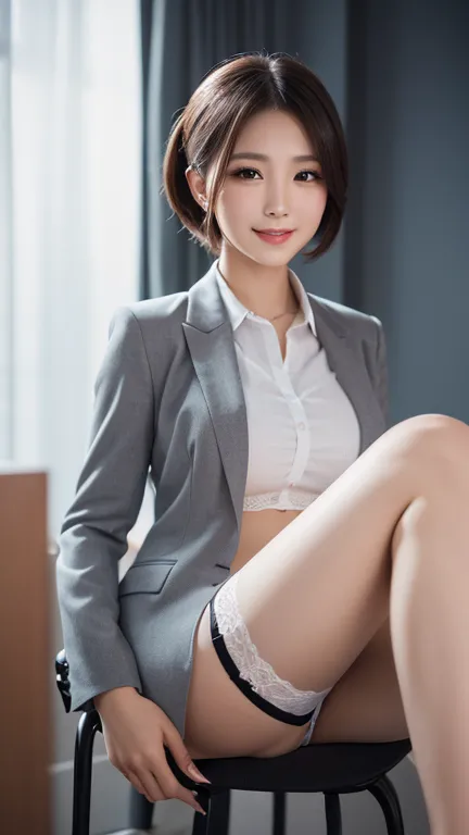  front full body、 office、sit on a chair、tight mini skirt、gray suit、 officeレディ、garter belt、Beautiful Japanese Women、The white panties are slightly visible、short hair、bungs、smile、best quality,4K,8k,high resolution,masterpiece,ultra-detailed,realistic,photore...