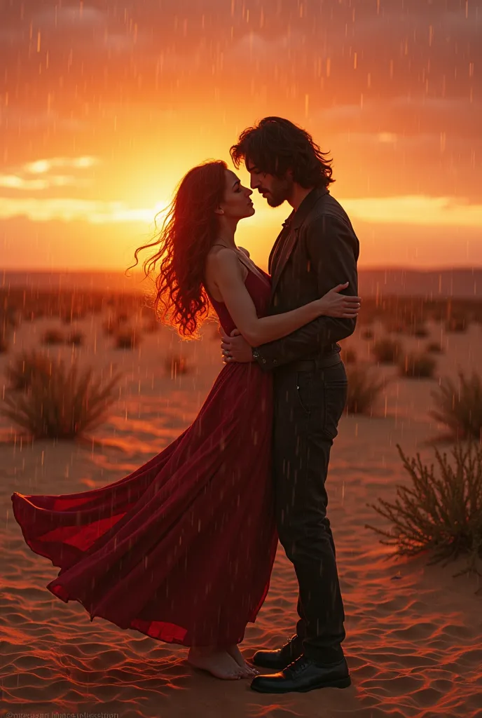 "Chromatic photo, vhs effect", of a red-haired woman and a black-haired man dancing in they desert in the early hours of dusk, it is raining