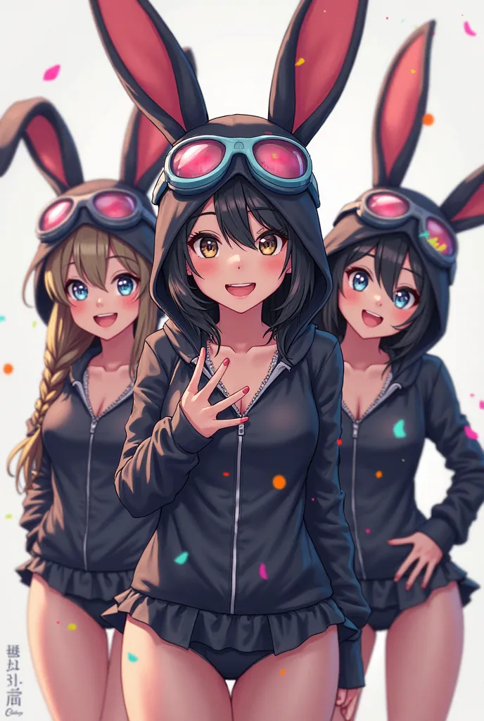 general description:
The image shows a digital illustration of three ren wearing an anthropomorphic rabbit costume with googles and a swimsuit the costume is full-body only the face can be seen The illustration has a vibrant and detailed digital art style,...