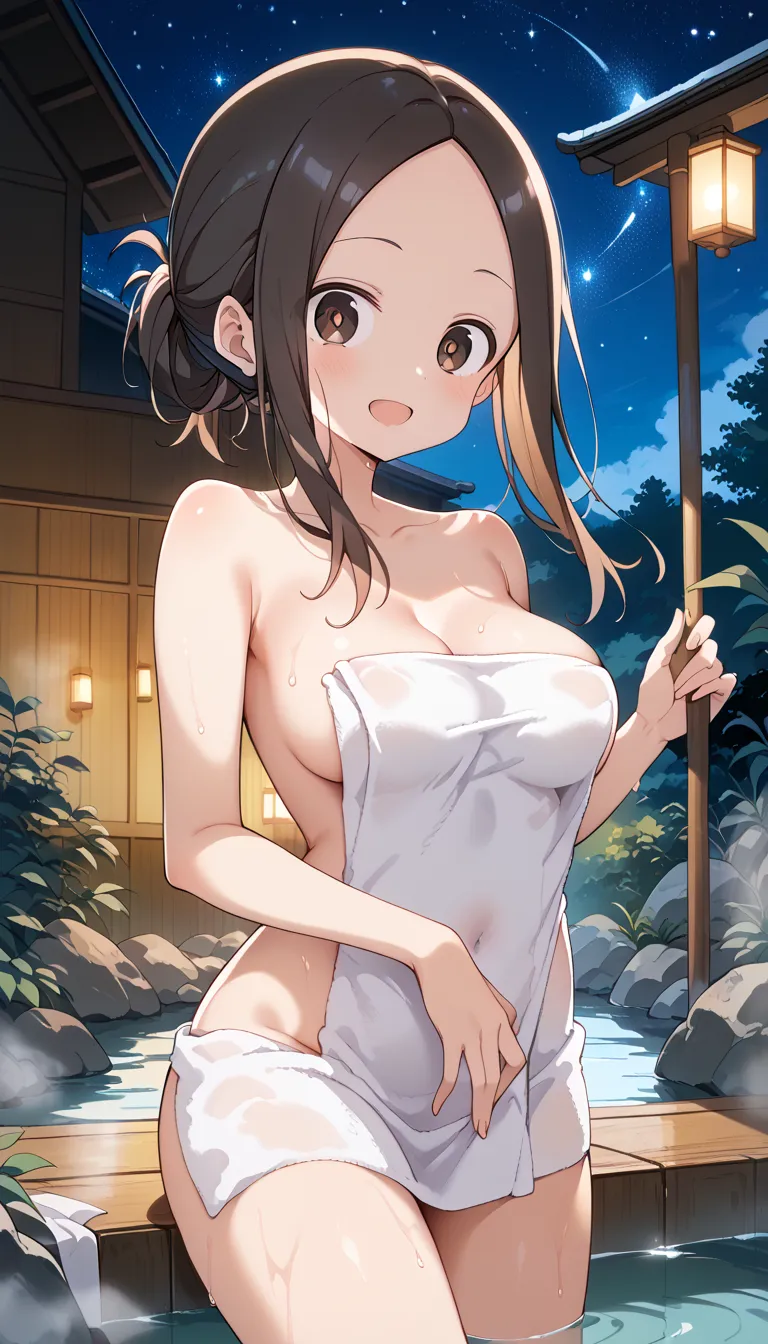 NSFW ((Takagi)),best quality, masterpiece, Alone,  female 1 person、、(Soft Bust:1.2)、(SMALLE BREASTS)、(Chest)、( Slender Body Shape )、( NAKED TOWEL)、 Naked Towel 、、 thighs、(Viewer:1.2)、(oblique view from the front )、(Warm up in the hot springs)、(White highli...