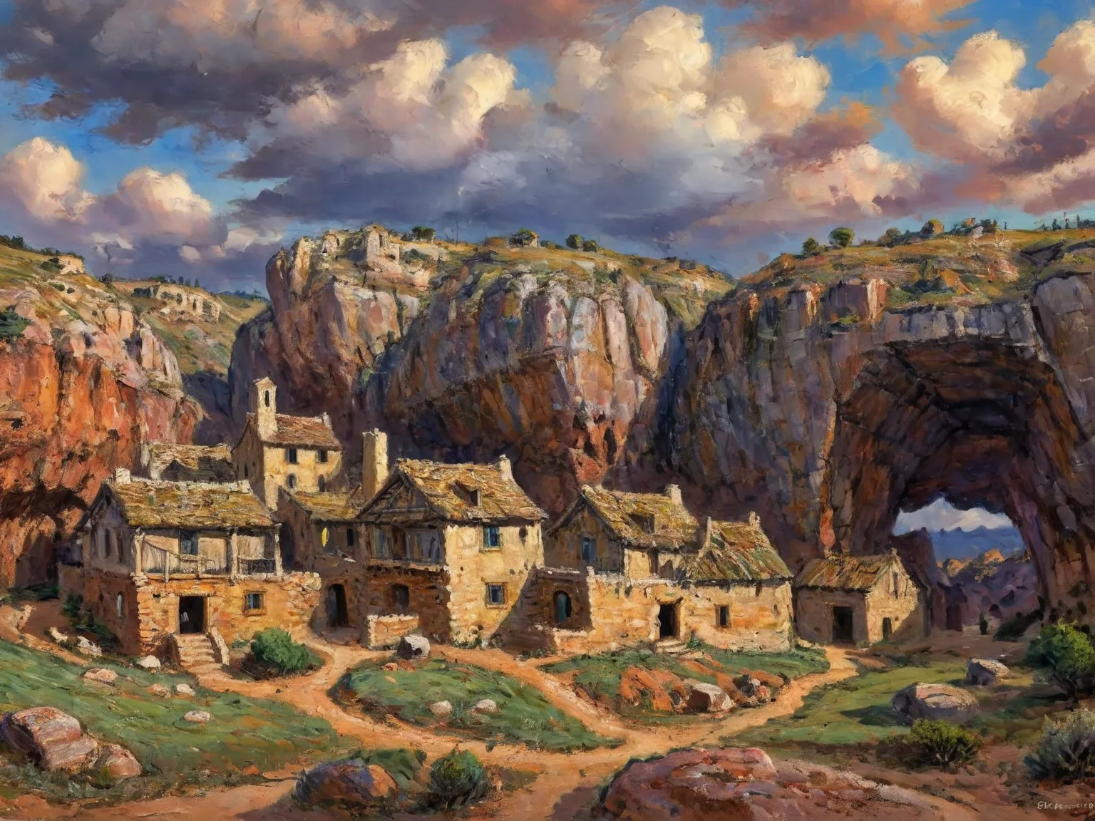 Ancient rock-hewn structures nestle within a rugged hillside, creating an intricate landscape of caves and rooms. Dramatic clouds loom overhead, enhancing the historic and timeless atmosphere. very wide view, atmospheric, epic composition, highly detailed ...