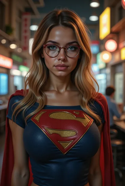 FULL BODY VIEW OF A CUTE AND SEXY 18-YEAR-OLD-GIRL AS SUPERGIRL WITH BLUE EYES AND GLASSES. The dimly lit ambiance, combined with realistic shadows and warm spotlights, enhances her striking facial features and the rich textures of her SUPERGIRL costume. C...