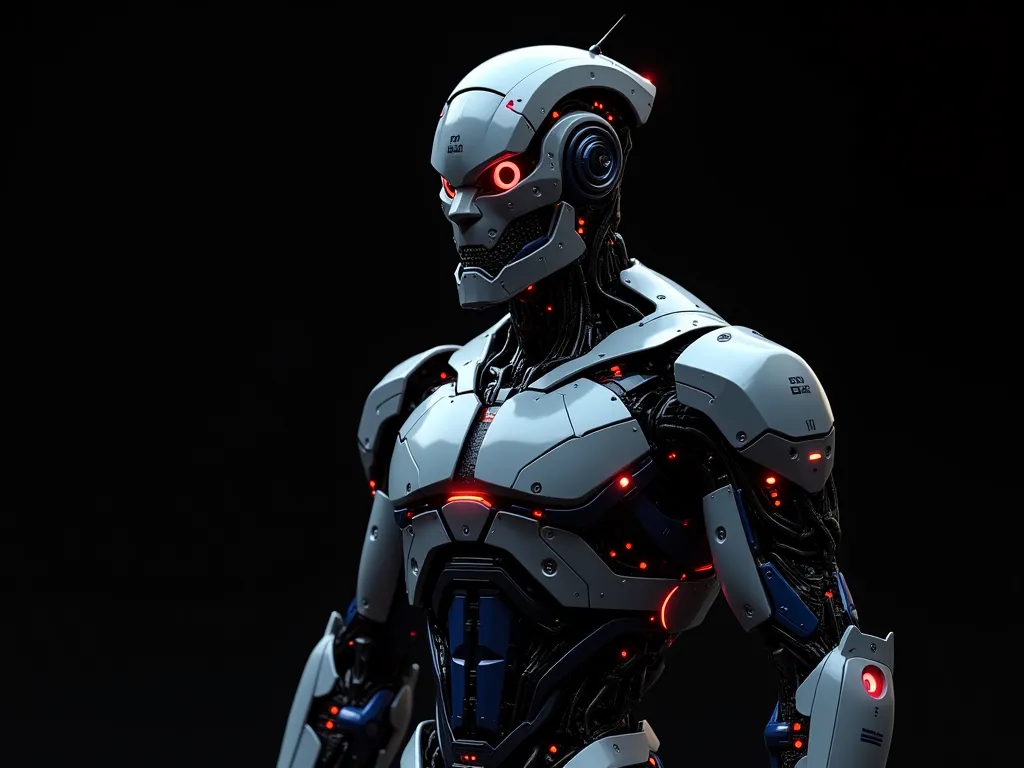 A futuristic, masculine robot with a dark metallic body, accented with silver and blue details. The head is angular, featuring a mechanical mouth that moves when speaking. The eyes are bright red LEDs, giving a serious, intelligent look. The body is built ...