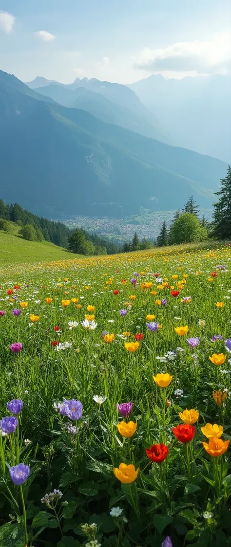  highdefinition images 、A flower field in the Swiss Highlands、 Best Images、  A plateau with a fresh breeze 、Magical beings and mysterious colorful flowers hidden in the prairie 、8k  ( High Quality Seven Colored Flowers ) A plateau full of fantasy、 A refres...