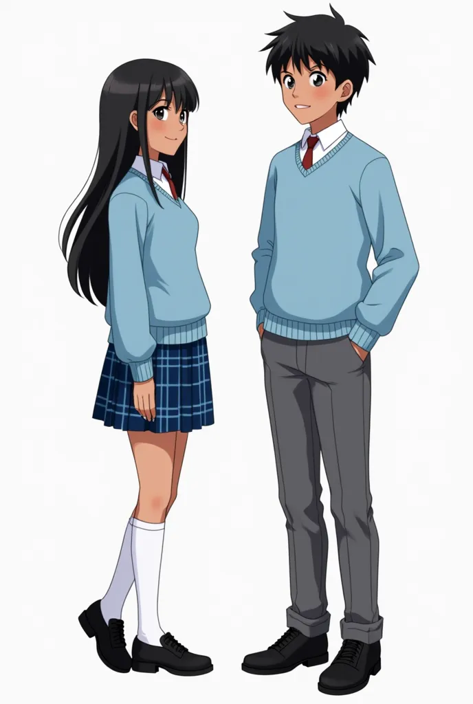 create the image of a girl in animated mode , no anime. with school uniform, light blue sweater, blue plaid skirt, white tights and black shoes. The girl must have dark skin, long black hair, With features of South America. together with the girl to perfor...