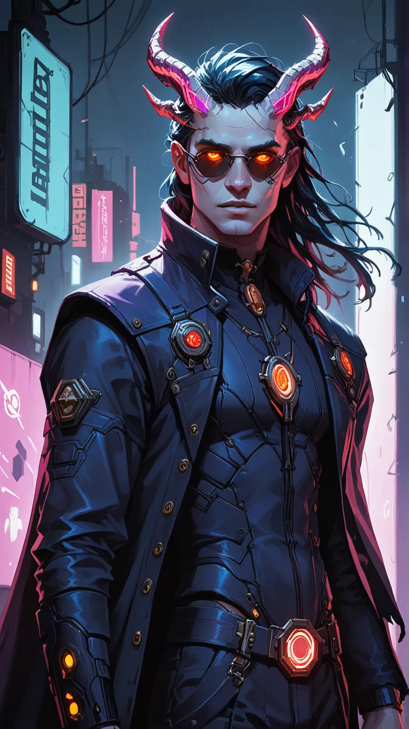 An imposing figure of Loki in a cyberpunk setting, with a vibrant neon aesthetic. He is a man with pale skin with horns on his forehead, long hair and elegant high-tech clothing, with luminous details on his coat. His expression is cunning and confident, w...