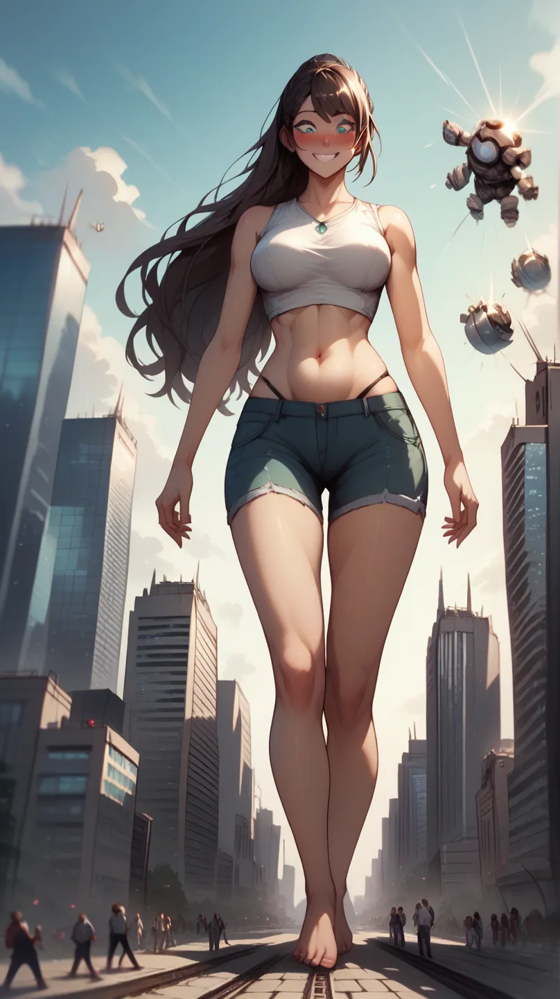 Belly free, 2 giant women, giantess in the city, tall, long hair, good quality, giantess skyscraper, dark brown hair, cyan eyes, make her bigger, barefoot, blush, standing, belly free, looking down, Her body is glowing, her body starts to grow again, belly...