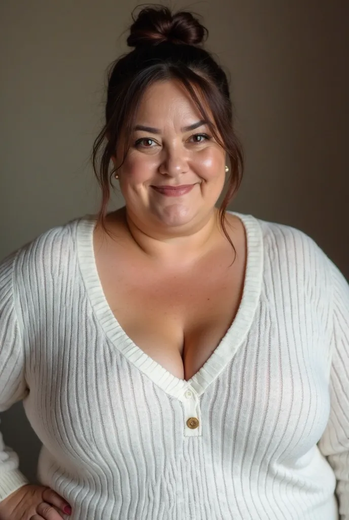 realistic not so perfect picture, full body not so pretty but very sexy female, portuguese, light skin, 46 years old, MILF, sexy, sex appeal, light skin, round and curvy woman above ideal weight, very chubby, 38E breasts, wide hips, wearing white sweater, ...