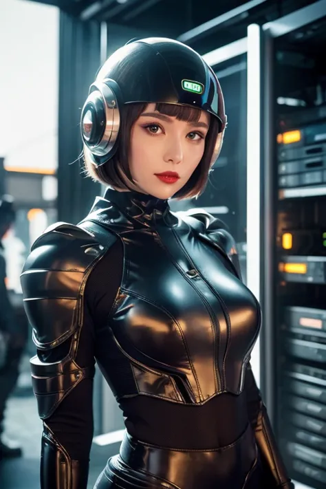  close-up of a woman wearing a futuristic helmet and red lipstick, Cyberpunk Jackie Wells, cgsociety 9,  style for stilets = Retro futuristic ,  beautiful android woman ,   female android ,  retro futuristic fashion , movie「 Blade Runner 」Still image of, F...