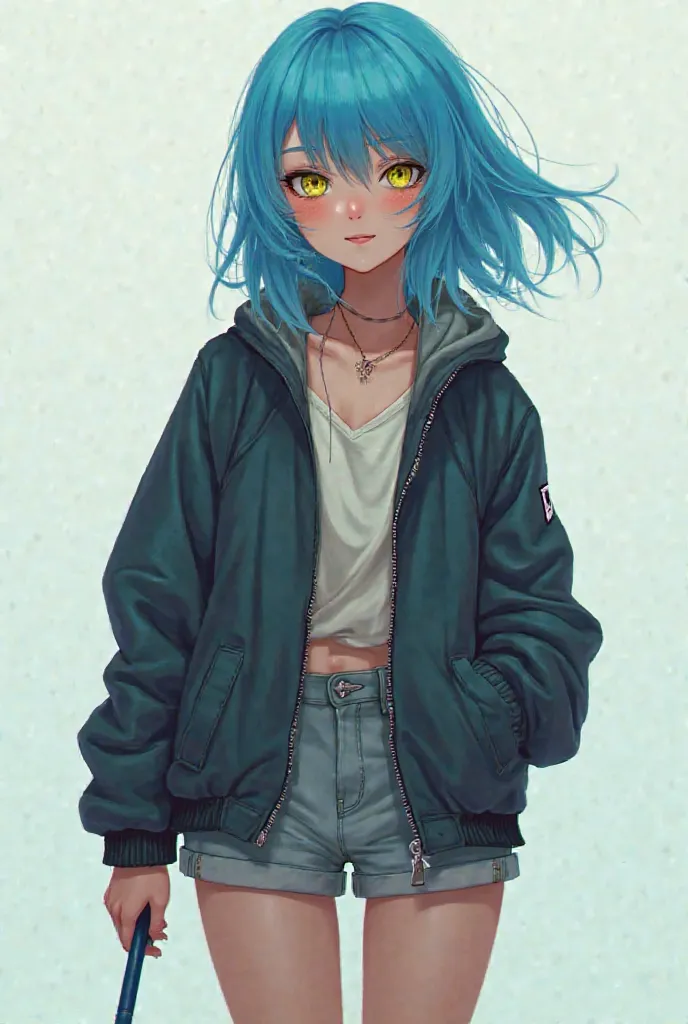 A blue-haired sister, yellow-eyed ,wearing a jacket, shorts ,with a face that is on top