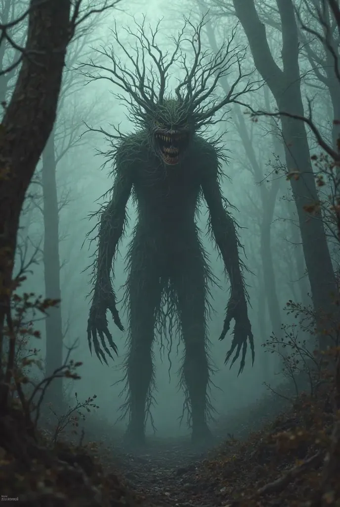 "A thin, nightmarish creature lurking in the foggy forest, its body covered in dark, bark-like skin, blending seamlessly with the trees. Its face is featureless except for a wide, jagged grin filled with needle-sharp teeth. Its elongated fingers stretch li...