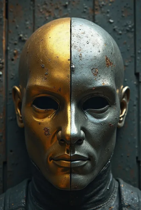 A mask whose right half is gold and the left half is half silver, In the background of the image there a man and a woman fighting in a secret facility 