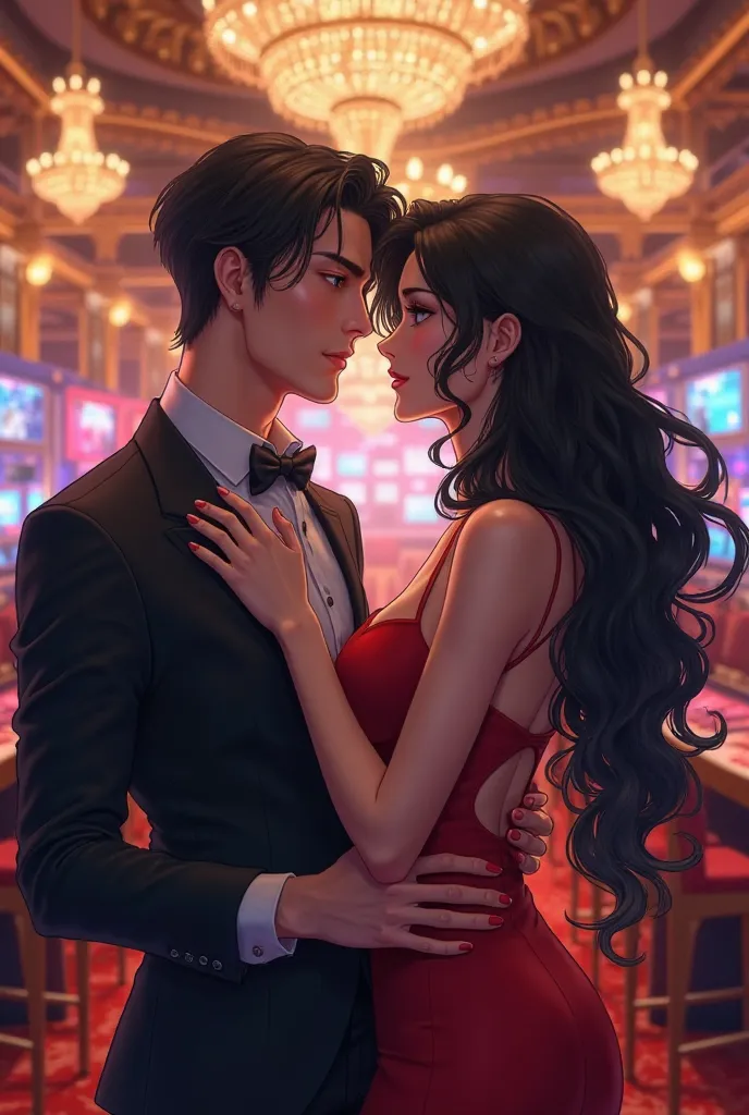 It generates a man flirting with a woman with black hair and black eyes who wears a red dress and who is in a casino in anime