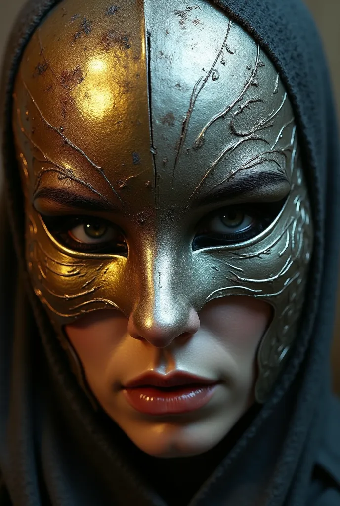 A mask whose right half is gold and the left half is half silver, In the background of the image there a man and a woman fighting