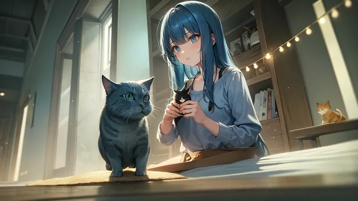 Girl with blue hair with her cat and a nice background with lights