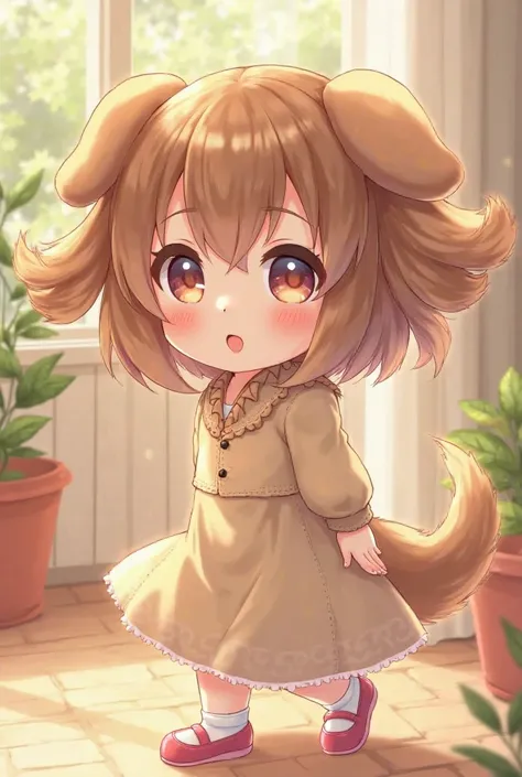 Puppy girl with brown hair and a puppy tail and ears with pigtails 