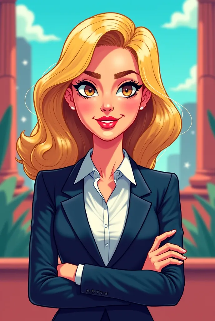 Cartoon network style poster of a 45-year-old girl, with blond hair with shoulder-length mechs, wavy type , brown eyes, executive type judge