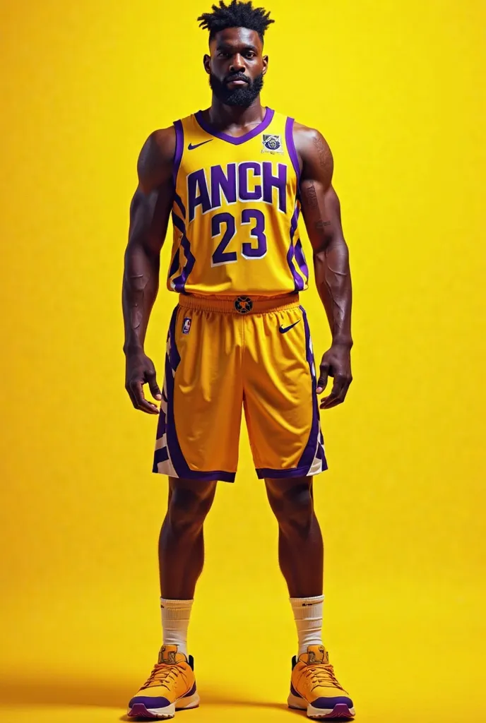 Full body. Player using a Basketball innovative uniform, in yellow (predominant), details in purple and white. Savages super-hero details, modern beast design. Design jersey 2023-2024 NBA season. gradient yellow style. Formidable fabric texture, extreme sh...