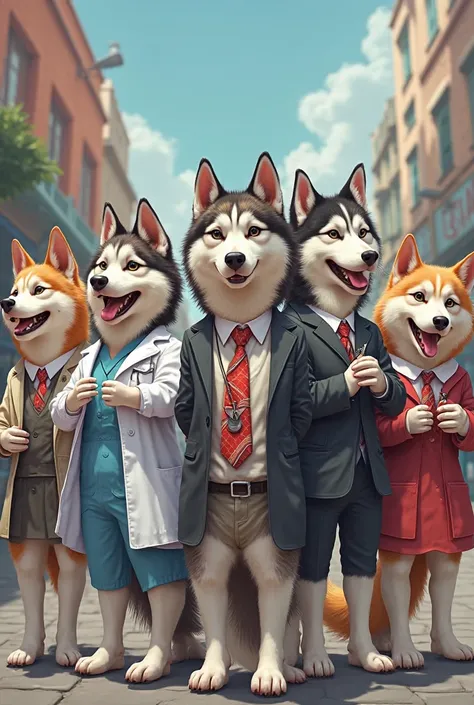 Siberian female Huskies disguised as a doctor, architect, nurse, lawyer ,  secretary, Teacher, housewife... To celebrate Women's Day