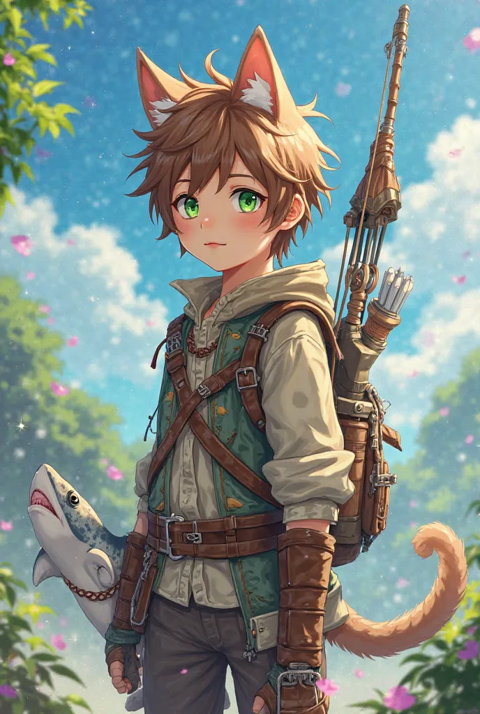 Anime. Cool brown-haired boy, green eyes, with a bow behind him, wearing an adventurer costume, and a fish-shark tied with a rope on his right hand, with the ears and tail of a white cat.