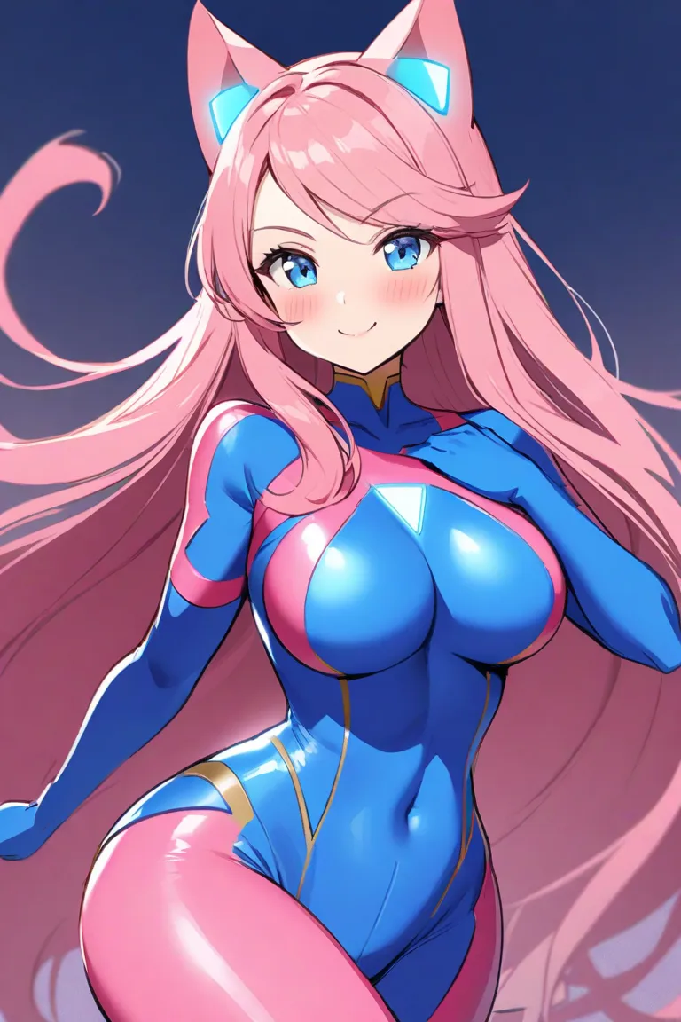 Ultrawoman, the Blue gem on her chest is the Color Timer...Blue Superheroine body suit... Solo, Long Hair, Pink Hair, Breasts, Cat Ears, Smile, Blush, Blue eyes, 