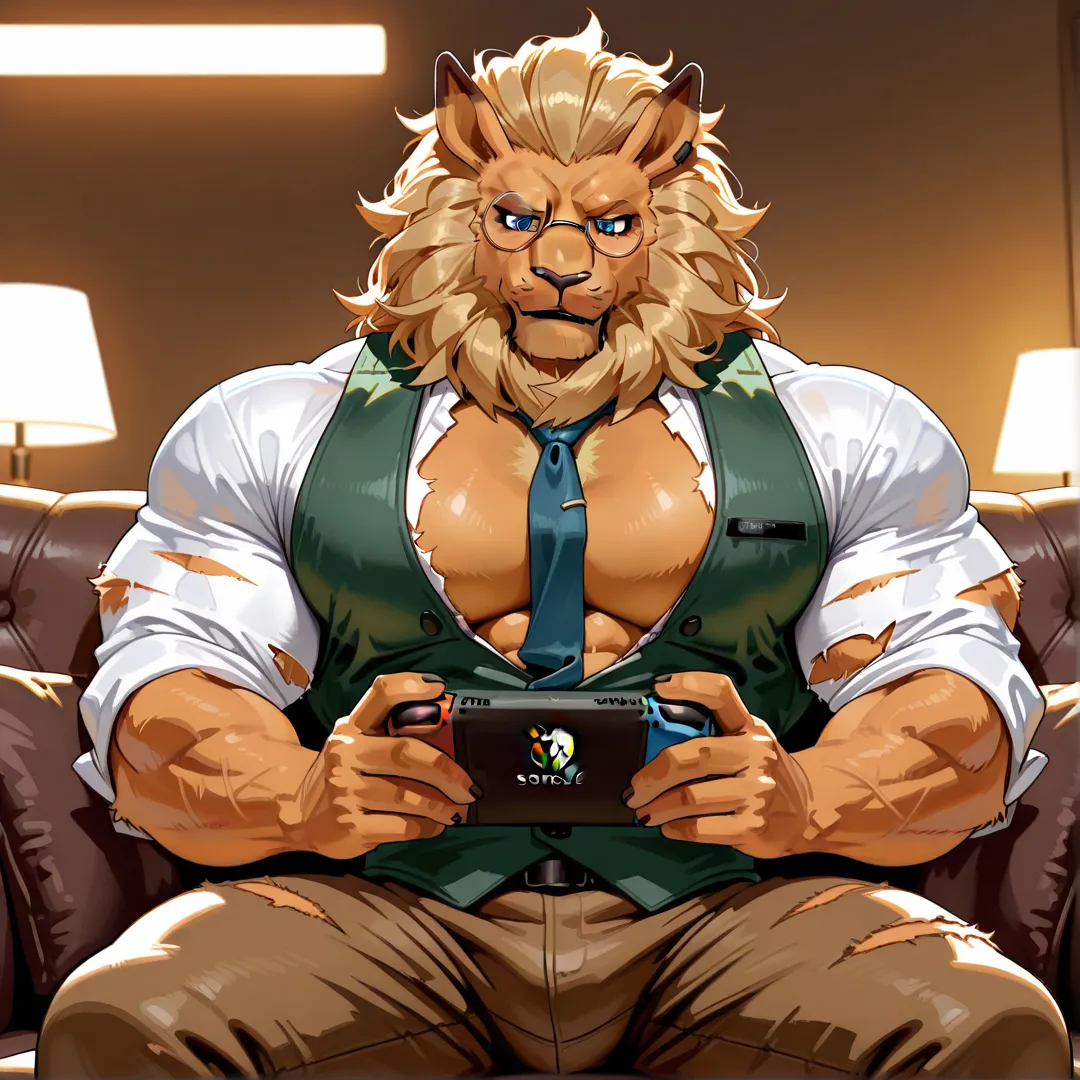 Cornelius turned into leomon!  score_9, score_8_up, score_7_up, score_6_up, score_5_up, score_4_up, male anthro Male, furry, Lion anthro, solo, Medium muscular lion, brown, light brown lion, feline, lion ears, wearing tiny gold round glasses, sexy, hands, ...